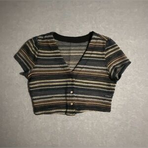 SHEIN Boho Striped Knit Crop Cardigan L Earth Tones  Mesh Pointelle tee
